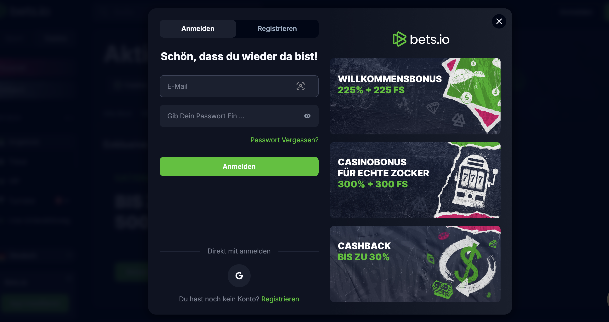 Bets.io Login Fenster
